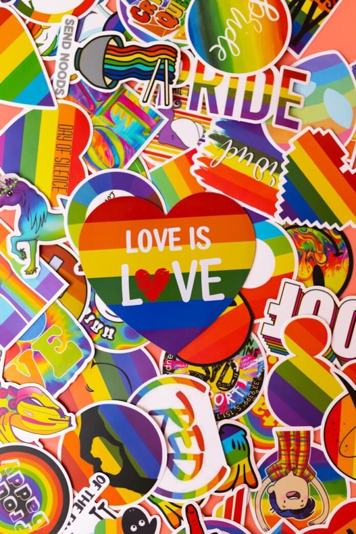 lgbt emblems pins and labels with slogans of love and pride