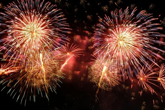 vibrant fireworks display exploding at night