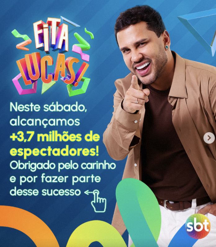 Eita Lucas! bate recorde e ultrapassa 3,7 milhões de espectadores no SBT O programa “Eita Lucas!” segue mostrando força na programação do SBT. Neste sábado, a atração alcançou a marca expressiva de mais de 3,7 milhões de espectadores, consolidando seu crescimento de audiência e reforçando o carisma do apresentador junto ao público brasileiro. Com uma proposta leve, popular e cheia de interação, o programa tem conquistado diferentes faixas de público, apostando em quadros dinâmicos, humor acessível e muita conexão com a audiência. O resultado aparece não só nos números, mas também no engajamento nas redes sociais, onde o nome da atração frequentemente ganha destaque. A marca celebrada pelo apresentador representa mais do que audiência: é reflexo de uma comunicação direta, espontânea e alinhada com o gosto popular. Em mensagem de agradecimento, o programa destacou o carinho do público como peça fundamental para esse sucesso crescente.