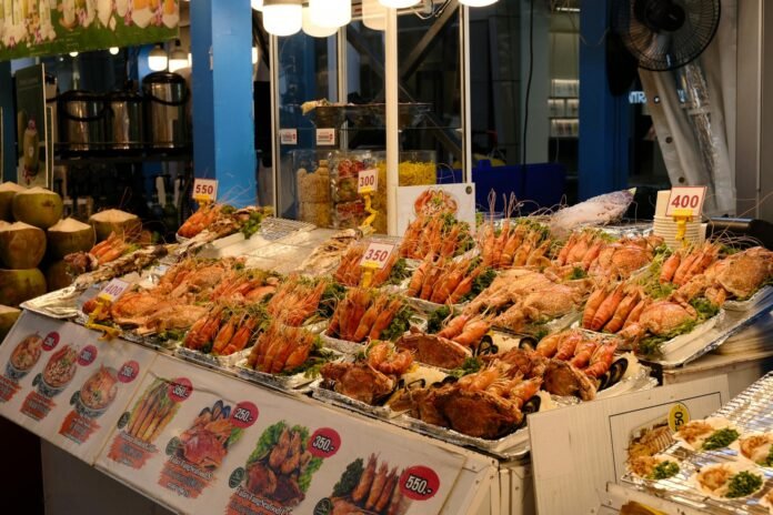 colorful seafood display at night market