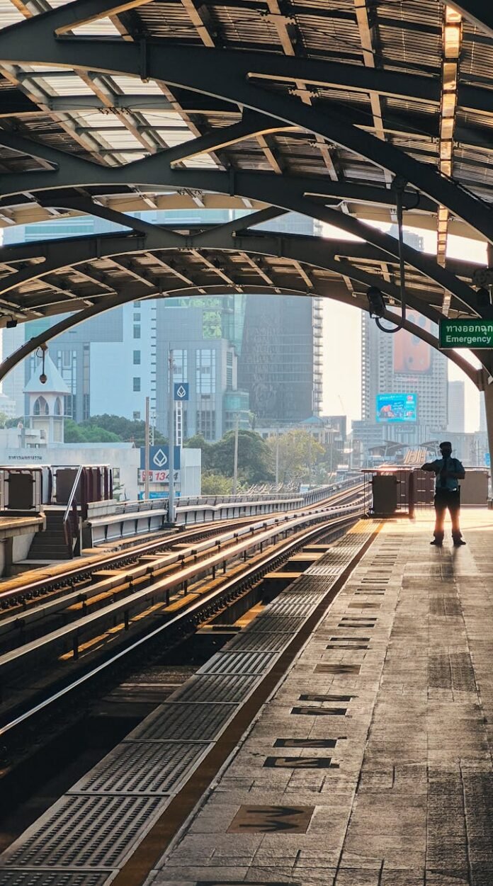 sunset at bangkok train station platform