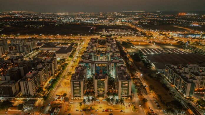 aerial night view of brasilia buildings and streets
