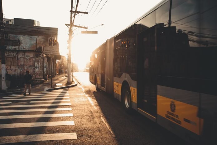 view of a bus on a street in city