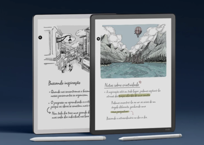 Kindle Scribe Colorsoft, Kindle Colorsoft, Kindle Scribe, Amazon Kindle, e-reader colorido, leitor digital, Kindle Brasil, tinta eletrônica, tela Colorsoft, Kindle com caneta, leitura digital, escrita digital, inteligência artificial, Kindle IA, Kindle Unlimited, produtividade, e-books, Google Drive, OneDrive, OneNote, Amazon Brasil, tecnologia, caderno digital, e-reader premium, Kindle 64 GB