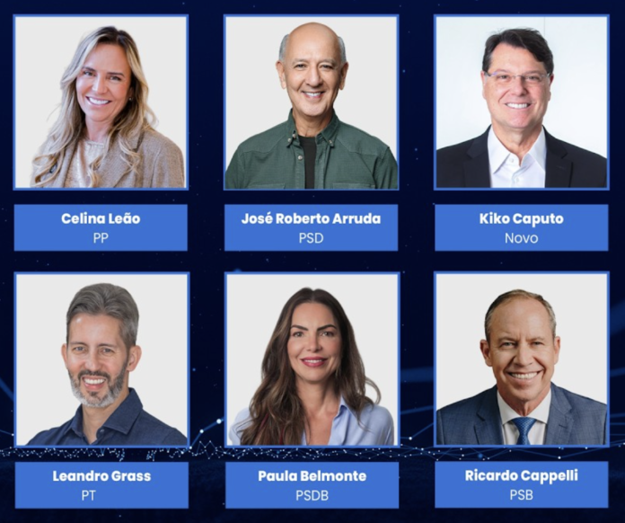 Celina Leão, José Roberto Arruda, Kiko Caputo, Leandro Grass, Paula Belmonte e Ricardo Cappelli participam do debate da Band Brasília