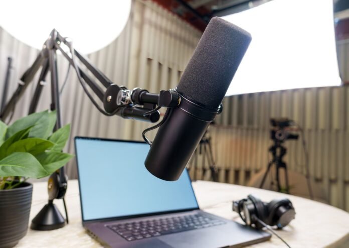 modern podcast studio with equipment setup